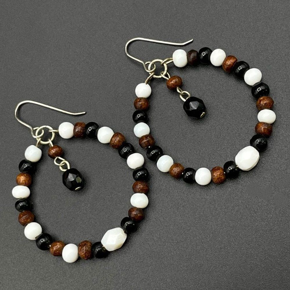Silver Round White and Brown Beaded Hoop Dangling Drop Hook Earrings
